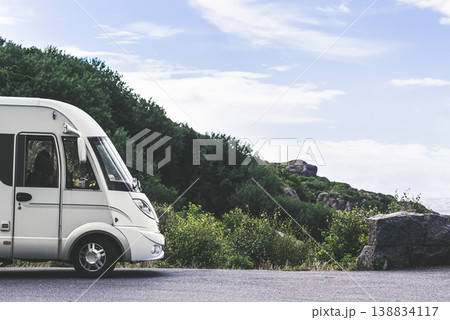 Camper car on coast of Norway with ocean view 138834117