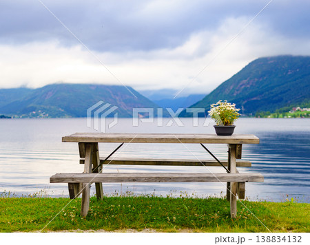 Rest stop area picnic site on fjord shore Rest stop area picnic site on fjord shore 138834132