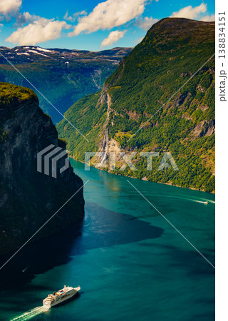 Fjord Geirangerfjord with cruise ship, Norway. 138834151
