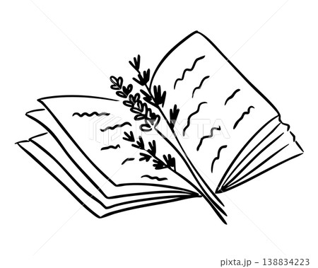 Open book illustration with decorative lavender sprig resting on the pages, showcasing a simple and elegant design suitable for various creative projects Open book illustration with decorative lavender sprig resting on the pages, showcasing a simple and elegant design suitable for various creative projects 138834223