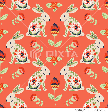 Seamless pattern showcasing illustrated rabbits surrounded by flowers and leaves on a coral background, suitable for fabric and wallpaper design Seamless pattern showcasing illustrated rabbits surrounded by flowers and leaves on a coral background, suitable for fabric and wallpaper design 138834237