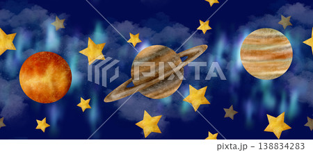 Dark blue sky, stars, nebula, Jupiter, Saturn, Venus, Exoplanet seamless border Dark blue sky, stars, nebula, Jupiter, Saturn, Venus, Exoplanet seamless border 138834283
