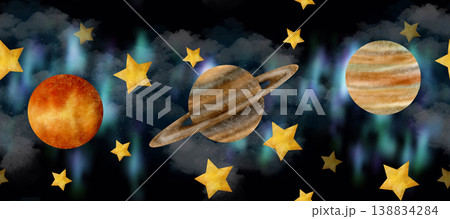 Black sky, stars, nebula, Jupiter, Saturn, Venus, Exoplanet make up this space of seamless border watercolor clip art Black sky, stars, nebula, Jupiter, Saturn, Venus, Exoplanet make up this space of seamless border watercolor clip art 138834284