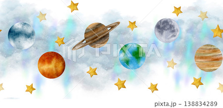 White sky, stars, nebula, Jupiter, Moon, Earth, Saturn, Venus, Exoplanet make up this space of seamless border watercolor clip art White sky, stars, nebula, Jupiter, Moon, Earth, Saturn, Venus, Exoplanet make up this space of seamless border watercolor clip art 138834289