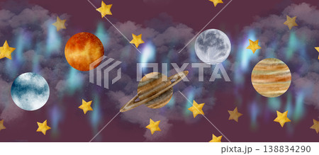Gray sky, stars, nebula, Jupiter, Moon, Saturn, Venus, Exoplanet make up this space of seamless border watercolor clip art Gray sky, stars, nebula, Jupiter, Moon, Saturn, Venus, Exoplanet make up this space of seamless border watercolor clip art 138834290