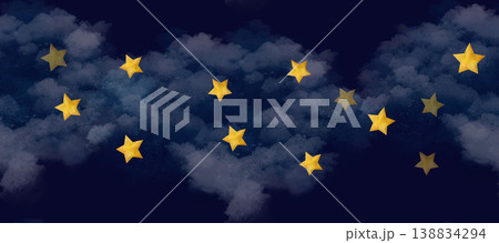 Dark blue sky, fluffy clouds, golden stars make up this space of seamless border watercolor clip art. Watercolor Dark blue sky, fluffy clouds, golden stars make up this space of seamless border watercolor clip art. Watercolor 138834294