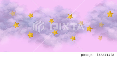 Pink sky, fluffy clouds, golden stars make up this space of seamless border watercolor clip art. Watercolor 138834318
