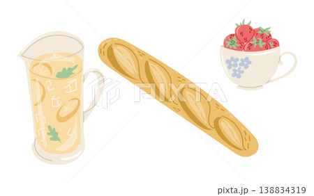 Illustration features a pitcher of lemonade, a baguette, and a cup filled with strawberries, all arranged on a clean white background Illustration features a pitcher of lemonade, a baguette, and a cup filled with strawberries, all arranged on a clean white background 138834319