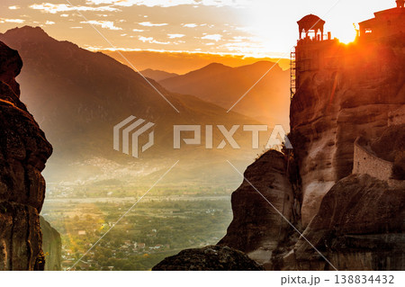 Sunset over Varlaam monastery in Meteora, Greece 138834432