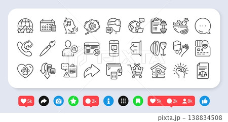 Calendar, Cogwheel and Parking line icons pack. Social media: share, comment, like icons. Outsource work, Blood, Sign out web icon. Voicemail, Share call, Cross sell pictogram. Vector Calendar, Cogwheel and Parking line icons pack. Social media: share, comment, like icons. Outsource work, Blood, Sign out web icon. Voicemail, Share call, Cross sell pictogram. Vector 138834508