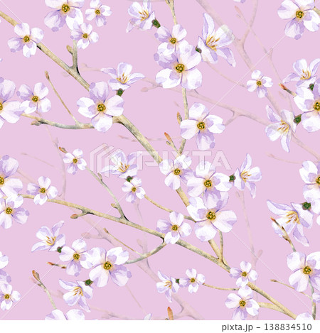 Seamless watercolor pattern with beautiful spring cherry blossoms. The hand painted design features light pink flowers on delicate tree branches. Romantic floral illustration on a soft pink background 138834510