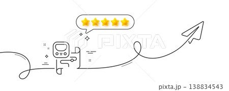 Metro map line icon. Continuous line with share plane. Underground subway sign. Train transit location symbol. Five star rate review in speech bubble. Metro map single line ribbon. Vector 138834543