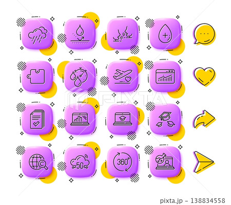 Timer, Puzzle and Oil serum line icons. App 3d buttons. Social media comment, share, like icons. Pack of 360 degrees, Graph laptop, Talk icon. Vector 138834558