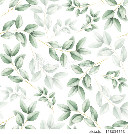 Elegant green eucalyptus leaves seamless pattern. Hand drawn watercolor illustration isolated on a white. Botanical artwork for textile, wrapping paper, wallpaper, invitations, wedding designs, prints Elegant green eucalyptus leaves seamless pattern. Hand drawn watercolor illustration isolated on a white. Botanical artwork for textile, wrapping paper, wallpaper, invitations, wedding designs, prints 138834568