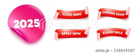 2025 sticker, offer ribbons. Apply now, Flash sale. 2025 year icon. Event schedule annual date. 2025 annum planner. Pink sticker tag. Flag ribbon banners. Vector 2025 sticker, offer ribbons. Apply now, Flash sale. 2025 year icon. Event schedule annual date. 2025 annum planner. Pink sticker tag. Flag ribbon banners. Vector 138834587