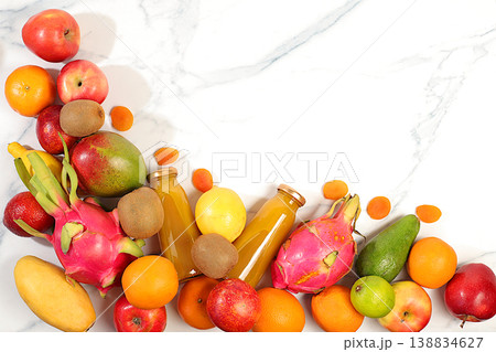Dragon fruit, pitaya, mango, kiwi, avocado, apples, citrus and oranges on sunny table. Summer banner with tropical exotic fruits. Healthy vegan food for weight loss, advertising postcard. Dragon fruit, pitaya, mango, kiwi, avocado, apples, citrus and oranges on sunny table. Summer banner with tropical exotic fruits. Healthy vegan food for weight loss, advertising postcard. 138834627