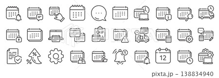 Calendar line icons. Settings gear, Message, Inflation icons. Schedule appointment, Event date, Time planner line icons. Account report, Delivery schedule and Diary planner. Vector Calendar line icons. Settings gear, Message, Inflation icons. Schedule appointment, Event date, Time planner line icons. Account report, Delivery schedule and Diary planner. Vector 138834940