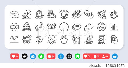 Grill place, Quickstart guide and Airplane wifi line icons pack. Social media: share, comment, like icons. Teamwork, Food delivery, 360 degree web icon. Vector 138835073