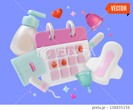 3d Color Menstrual Cycle Hygiene Save Recommendations Check Out Basic Steps Concept Background Cartoon Design Style. Vector illustration 138835158