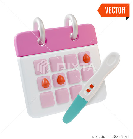 3d Color Women Health Concept Menstrual Cycle Female Calendar and Pregnancy Test Set Cartoon Design Style. Vector illustration 3d Color Women Health Concept Menstrual Cycle Female Calendar and Pregnancy Test Set Cartoon Design Style. Vector illustration 138835162