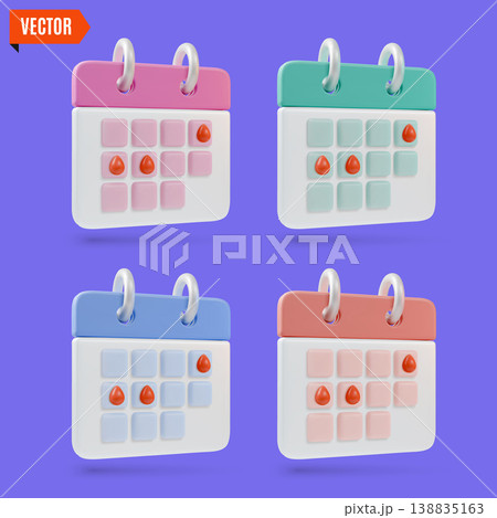 3d Color Different Menstrual Cycle Female Health Calendar Set Concept Cartoon Design Style. Vector illustration 138835163