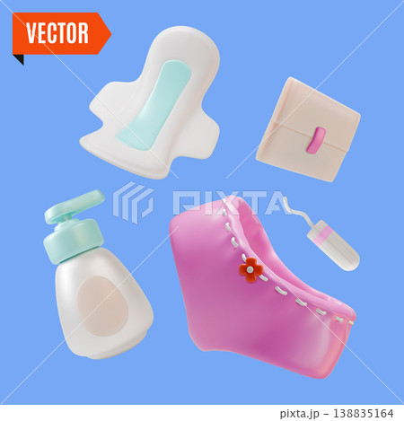 3d Color Women Health Concept Daily Intimate Gel, Panty Hygiene Pads, Cotton Tampon and Menstrual Cup Set Cartoon Design Style. Vector illustration 3d Color Women Health Concept Daily Intimate Gel, Panty Hygiene Pads, Cotton Tampon and Menstrual Cup Set Cartoon Design Style. Vector illustration 138835164