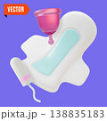 3d Color Women Health Concept Hygiene Pads, Cotton Tampon and Menstrual Cup Set Cartoon Design Style. Vector illustration of Female Intimate Hygiene Sanitary Item 138835183