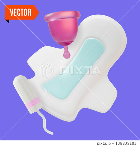 3d Color Women Health Concept Hygiene Pads, Cotton Tampon and Menstrual Cup Set Cartoon Design Style. Vector illustration of Female Intimate Hygiene Sanitary Item 138835183