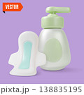 3d Color Women Health Concept Hygiene Pads and Daily Intimate Gel or Soap Liquid Bottle Dispenser Wash Set Cartoon Design Style. Vector illustration 138835195
