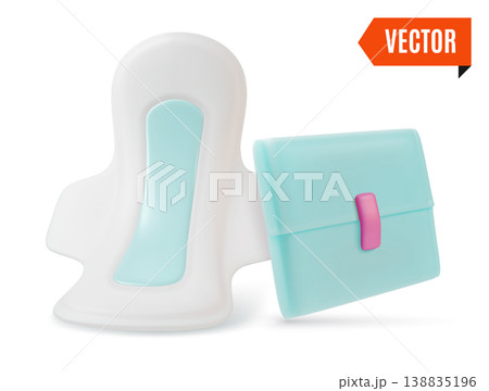 3d Color Women Health Concept Hygiene Pads and Package Set Cartoon Design Style Isolated on a White Background. Vector illustration 138835196