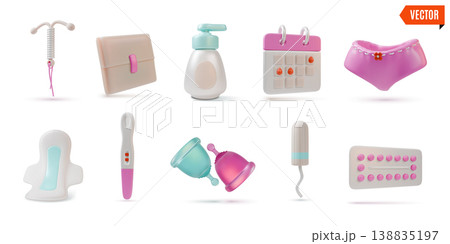 3d Colorful Women Health Element Set Concept Cartoon Design Style Include of Birth Control Pills, Contraceptive Spiral and Menstrual Cup. Vector illustration 138835197
