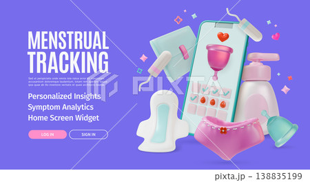 3d Menstrual Tracking Personalized Insights Symptom Analytics Home Screen Widget Concept Ads Banner Poster Card Cartoon Design Style. Vector illustration 138835199