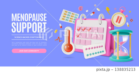 3d Menopause Support Science Backed Symptom Help Join Community Concept Ads Banner Poster Card Cartoon Design Style. Vector illustration 3d Menopause Support Science Backed Symptom Help Join Community Concept Ads Banner Poster Card Cartoon Design Style. Vector illustration 138835213