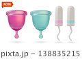3d Color Women Health Concept Cotton Tampon and Menstrual Cup Set Cartoon Design Style. Vector illustration of Female Intimate Hygiene Sanitary Item 138835215