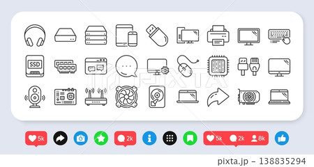 Laptop, SSD, Computer components line icons. Social media: share, comment, like icons. Motherboard, CPU, Internet cables icons. Wifi router, computer monitor, Graphic card. Vector Laptop, SSD, Computer components line icons. Social media: share, comment, like icons. Motherboard, CPU, Internet cables icons. Wifi router, computer monitor, Graphic card. Vector 138835294