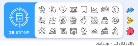 Trade infochart, Diagram chart and Change money line icons. Interest rate, AI generate, Inflation icons. Pack of Calculator target, Stress, Analytics graph icon. Vector Trade infochart, Diagram chart and Change money line icons. Interest rate, AI generate, Inflation icons. Pack of Calculator target, Stress, Analytics graph icon. Vector 138835299
