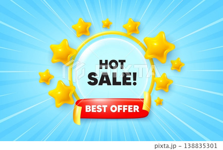Hot sale sunburst ray banner. Best offer flag ribbon. Hot Sale tag. Special offer price sign. Advertising Discounts symbol. 3d stars glitter. Red ribbon tag. Discount offer. Vector 138835301