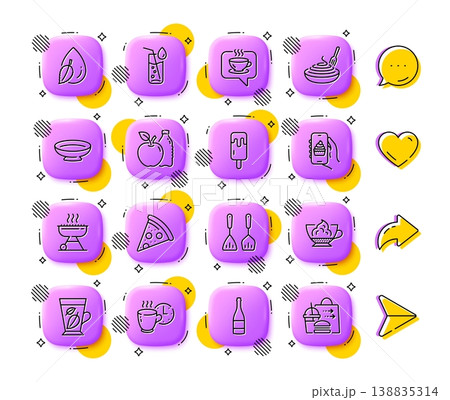 Coffee, Food app and Coffee break line icons. App 3d buttons. Social media comment, share, like icons. Pack of Ice cream, Dish, Cooking cutlery icon. Vector 138835314