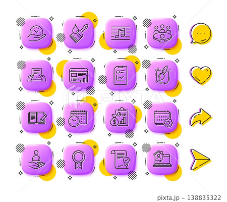 Brush, Approved agreement and Safe time line icons. App 3d buttons. Social media comment, share, like icons. Pack of Report document, Painting brush, Reward icon. Vector 138835322
