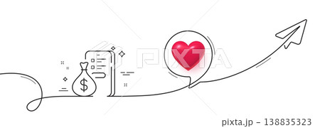 Money line icon. Continuous line with share plane. Invest application sign. Phone trade symbol. 3d heart in speech bubble. Money single line ribbon. Loop curve pattern. Vector 138835323