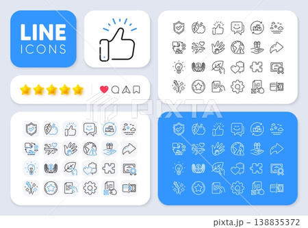 Laureate award, Loyalty star and Apple line icons for web app. Message, Share, Like social media icons. Pack of Smile face, Honeymoon travel, Confirmed pictogram icons. Vector 138835372