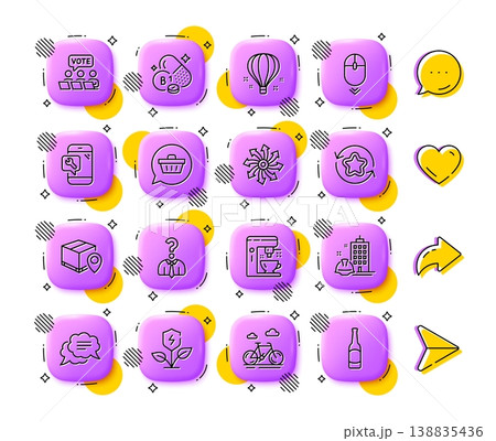 Versatile, Shopping cart and Eco power line icons. App 3d buttons. Social media comment, share, like icons. Pack of Coffee maker, Online voting, Bike icon. Vector 138835436