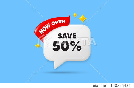 Discount ribbon speech bubble. Now open flag ribbon. Save 50 percent off tag. Sale Discount offer price sign. Special offer symbol. 3d sparkle stars speech bubble. Vector Discount ribbon speech bubble. Now open flag ribbon. Save 50 percent off tag. Sale Discount offer price sign. Special offer symbol. 3d sparkle stars speech bubble. Vector 138835486