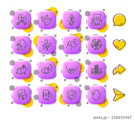 Health app, Thermometer and Baby carriage line icons. App 3d buttons. Social media comment, share, like icons. Pack of Eco organic, Organic product, Chin icon. Vector Health app, Thermometer and Baby carriage line icons. App 3d buttons. Social media comment, share, like icons. Pack of Eco organic, Organic product, Chin icon. Vector 138835497