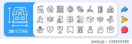 Lighthouse, Battery and Entrance line icons. Interest rate, AI generate, Inflation icons. Pack of Mobile inventory, House dimension, Opened box icon. Quality, Package box, Inspect pictogram. Vector 138835499