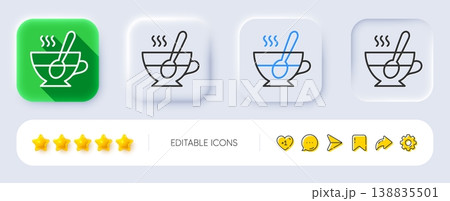 Cup with spoon line icon. Neumorphic, Flat shadow, 3d buttons. Fresh beverage sign. Latte or Coffee symbol. Line tea cup icon. Social media icons. Vector 138835501