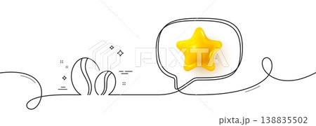 Coffee beans line icon. Continuous line with 3d star. Hot drink sign. Whole bean beverage symbol. 3d star in speech bubble. Coffee beans single line ribbon. Loop curve pattern. Vector 138835502