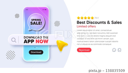 Spring sale mobile phone banner. App chat speech bubble. Spring Sale tag. Special offer price sign. Advertising Discounts symbol. Phone template with search bar. Download the app now. Vector 138835509