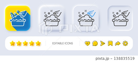Hand washing line icon. Neumorphic, Flat shadow, 3d buttons. Laundry service sign. Clothing cleaner symbol. Line hand washing icon. Social media icons. Vector 138835519