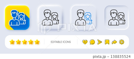Group line icon. Neumorphic, Flat shadow, 3d buttons. Users or Teamwork sign. Male and Female Person silhouette symbol. Line teamwork icon. Social media icons. Vector 138835524